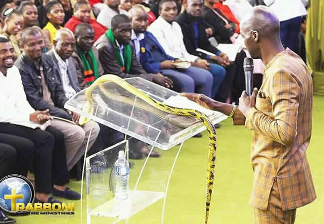 South African pastor who fed grass to worshippers, brings live snake to church,